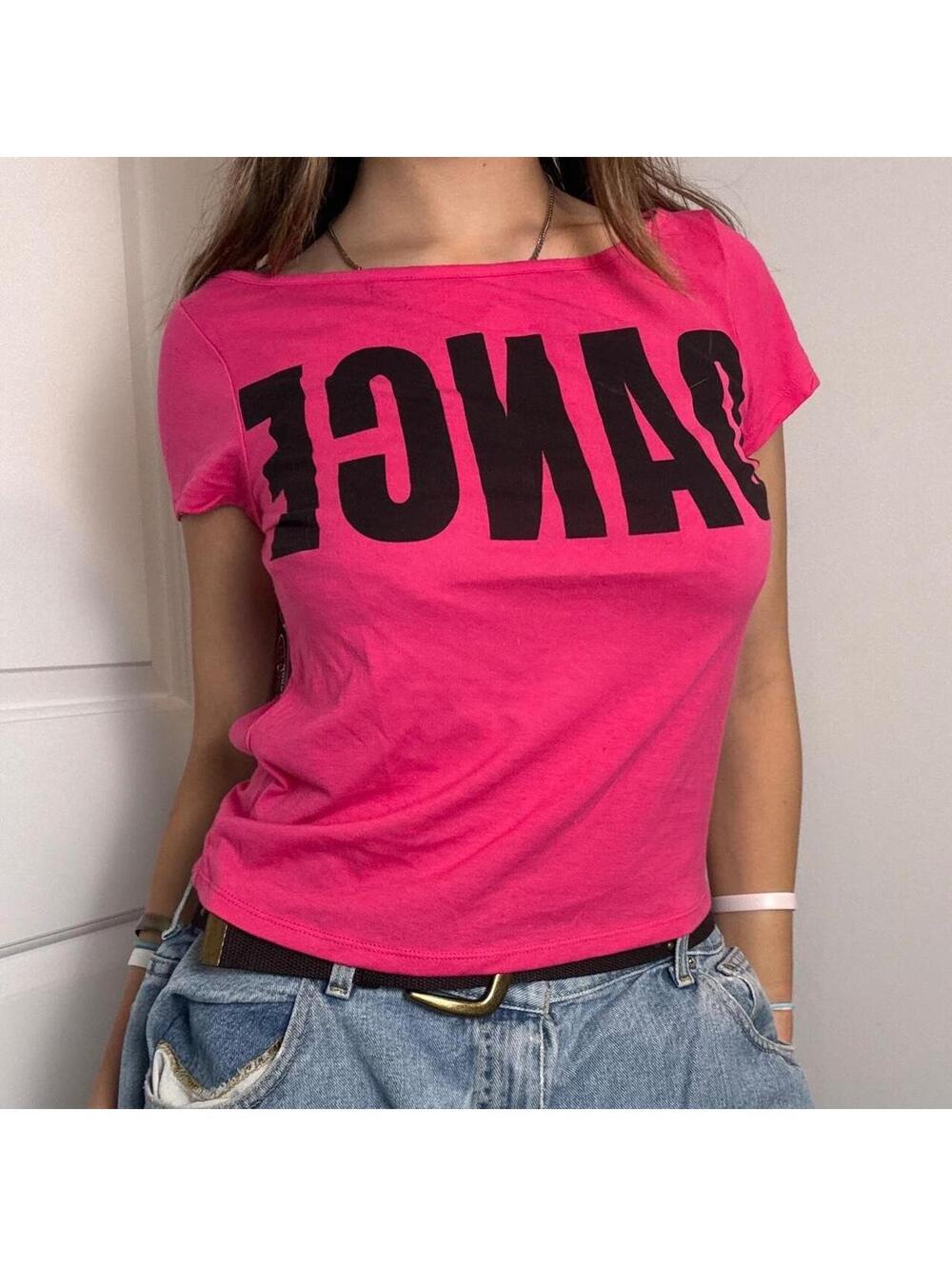 Off shoulder pink open back “DANCE” t shirt, NWT new with tags small medium